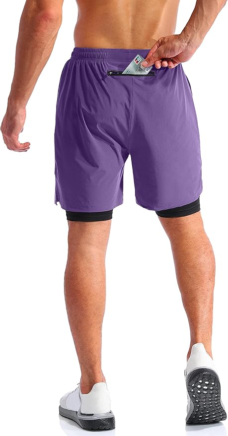 Pudolla Men’s 2 in 1 Running Shorts 5" Quick Dry Gym Athletic Workout Shorts for Men with Phone Pockets