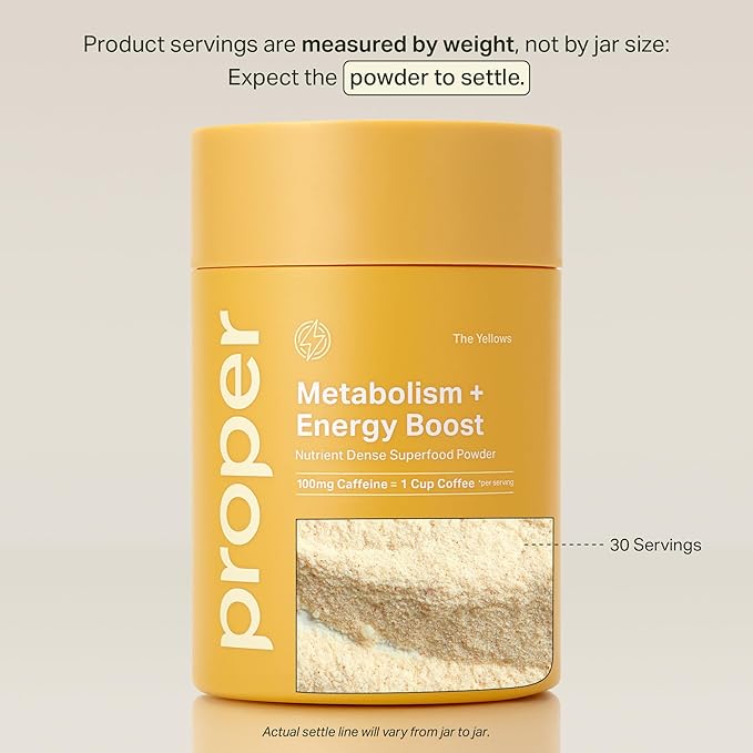 Proper, The Yellows Metabolism and Energy Boost, Sugar Free Energy Drink Powder with 100mg Caffeine. 30 Servings, Pineapple Mango Drink Mix for Men and Women