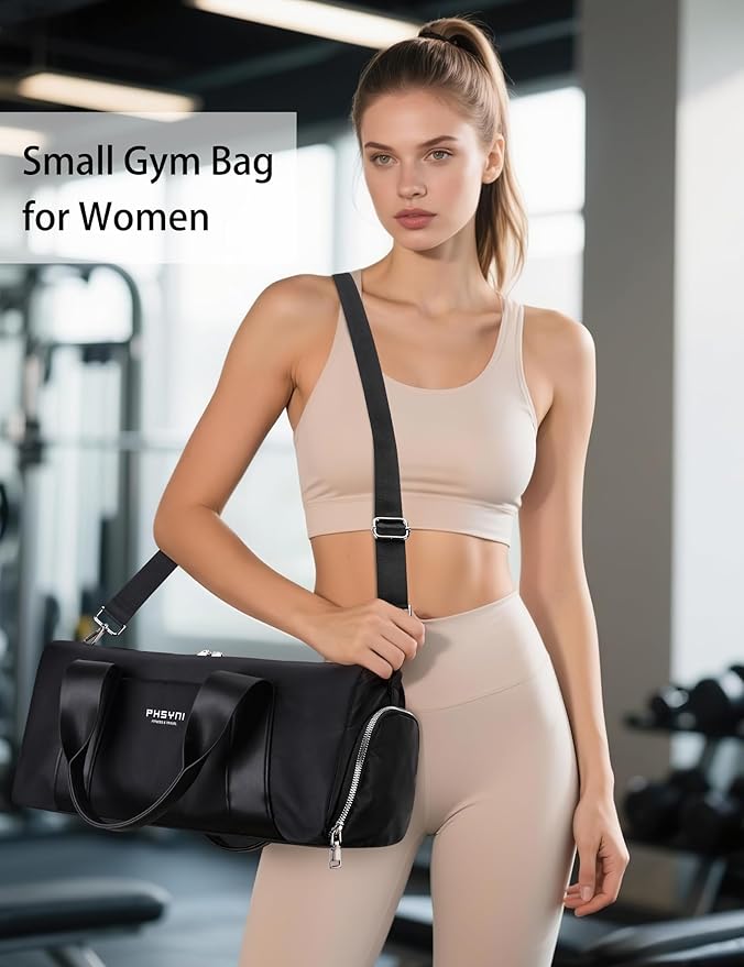 Compact Sports Gym Bag for Women & Girls and Kids, Cute Mini Duffle Bag with Wet Pocket & Shoes Compartment, Personal Item Travel Workout Bag, 16"-Small, Black