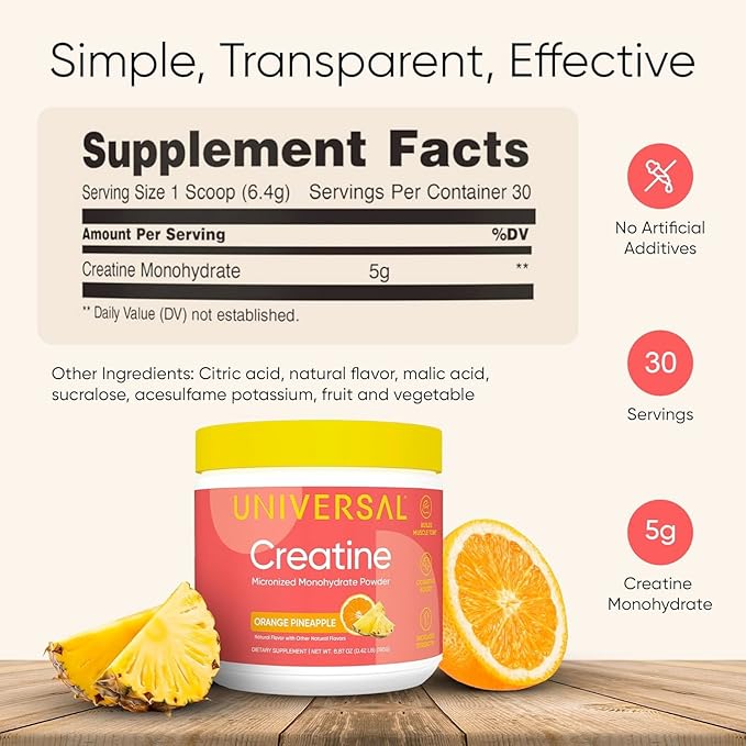 Universal U Creatine Monohydrate for Women - Flavored Creatine Powder, Female Strength, Energy, Lean Muscle Support and Recovery Supplement, No Bloat, No Bulk, 5g Per Serving, 30 Sv, Orange Pineapple