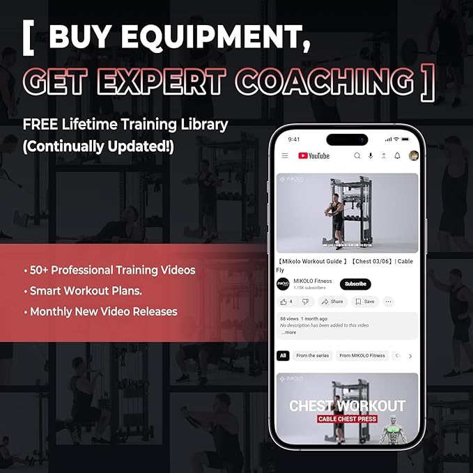 Mikolo Folding Squat Rack, Wall Mounted Power Rack with Cable Crossover Machine & LAT Pull Down, Functional Trainer with 5 Adjustable Function Modes, for Home Gym and Space Saving