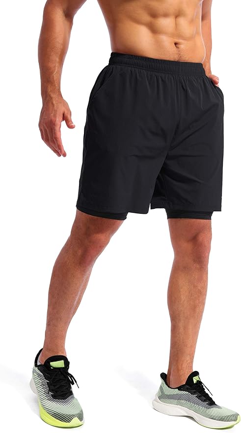 Pudolla Men’s 2 in 1 Running Shorts 5" Quick Dry Gym Athletic Workout Shorts for Men with Phone Pockets