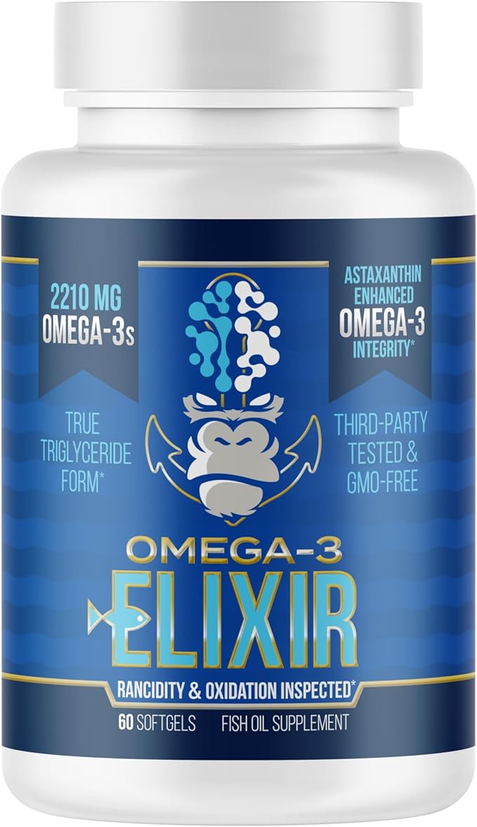 Gorilla Mind Omega-3 Elixir™ | 2210mg Fish Oil Re-Esterified Triglyceride Form | EPA, DHA + 2 Fatty Acids | Astaxanthin Infusion for Bolstered Integrity | 3rd Party & Rancidity Tested | 60 Softgels