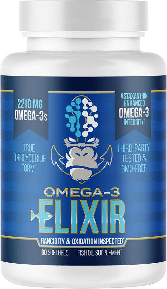 Gorilla Mind Omega-3 Elixir™ | 2210mg Fish Oil Re-Esterified Triglyceride Form | EPA, DHA + 2 Fatty Acids | Astaxanthin Infusion for Bolstered Integrity | 3rd Party & Rancidity Tested | 60 Softgels