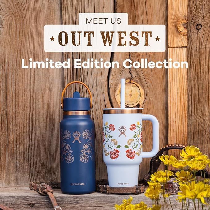 Hydro Flask Water Bottle - Insulated Stainless Steel - Wide Mouth Flex Straw Lid, Non Spill, Leakproof and Refillable in 32 Oz Western Light Blue