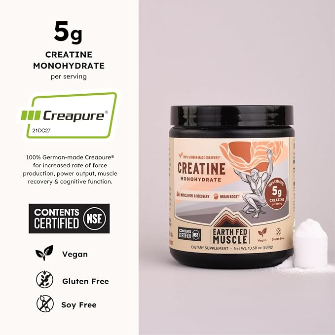 Earth Fed Muscle Transcend Creatine Monohydrate Powder – 100% German Creapure Creatine for Women | Muscle Recovery & Building, Energy Production | Unflavored 5g Serving, 60 Servings per Container