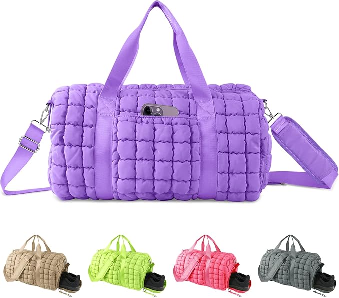 Quilted Travel Duffle Bag Gym Bag for Women,Large Puffer Duffle Weekender Bag with Compartment,Workout Overnight Carry on Organizer Bag Duffle Bag for Airplane Travel(L-Purple)