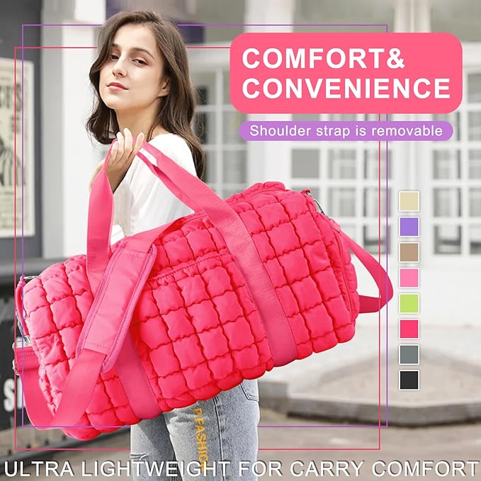 Quilted Travel Duffle Bag Gym Bag for Women,Large Puffer Duffle Weekender Bag with Compartment,Workout Overnight Carry on Organizer Bag Duffle Bag for Airplane Travel(L-Rosered)