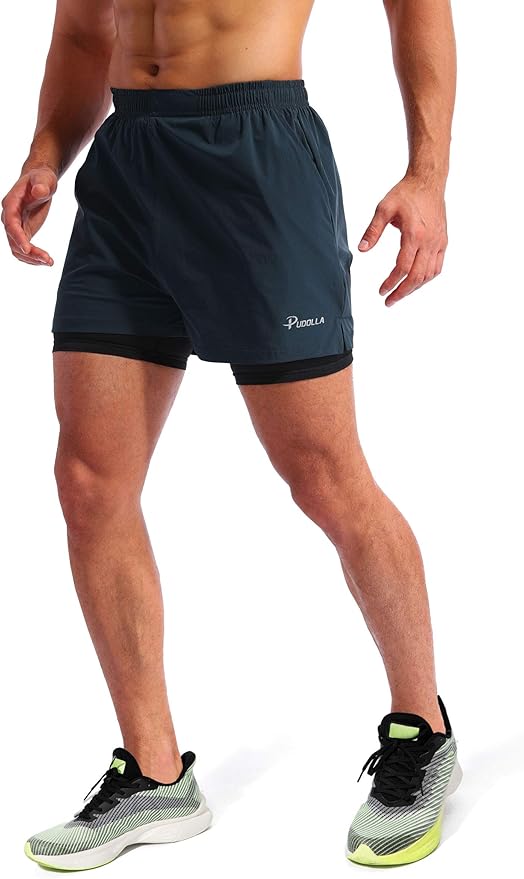 Pudolla Men’s 2 in 1 Running Shorts 5" Quick Dry Gym Athletic Workout Shorts for Men with Phone Pockets