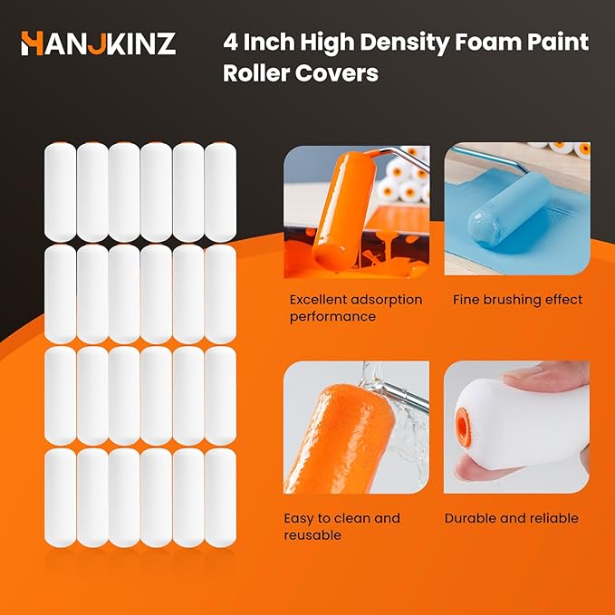 Foam Paint Roller, 24 Pack, 4 Inch Mini Paint Roller Covers, High Density Foam Paint Roller, Small Paint Rollers for All Flat Surfaces, Suitable for Wall，Kitchen Cabinets, Doors, Tables, Etc