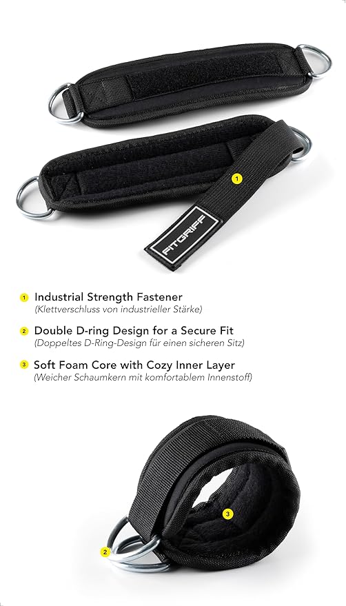 Fitgriff® Ankle Straps V3 for Cable Machine (2 Pieces) - Gym Workout Equipment - Leg Pulley Attachment, Kickback Straps