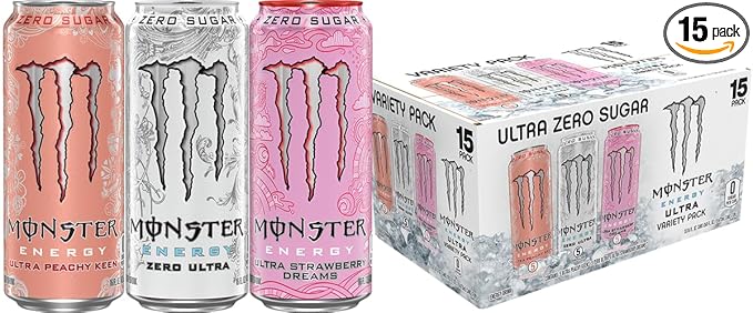 Monster Energy Ultra Variety Pack, Zero Ultra, Ultra Peachy Keen, Ultra Strawberry Dreams, Sugar Free Energy Drink, 16 Ounce (Pack of 15)
