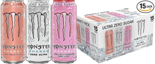 Monster Energy Ultra Variety Pack, Zero Ultra, Ultra Peachy Keen, Ultra Strawberry Dreams, Sugar Free Energy Drink, 16 Ounce (Pack of 15)