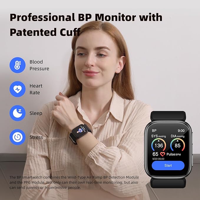 YHE Smart Watch Blood Pressure, 1.95'' Blood Pressure Watch with Air Pump Cuff, Blood Pressure Monitor for Sleep and Sports Tracking for Android iOS Supports Data Sharing, Reminder Monitoring Etc