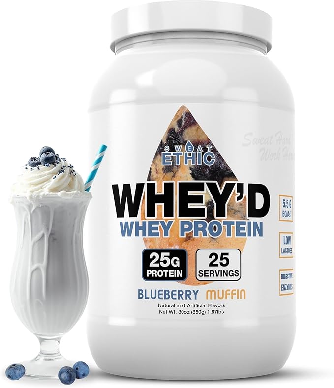 Sweat Ethic Whey'd Protein Powder, 25 G Whey Protein Blend with Concentrate (30 Ounce, Blue Berry Muffin)