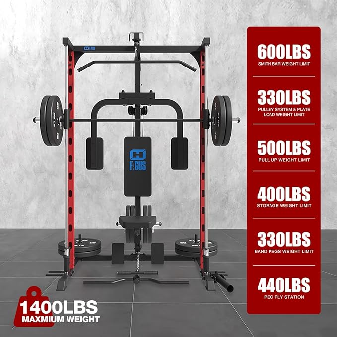 FAGUS Smith Machine Home Gym Power Cage with Pulley System, Space Saving Design Squat Rack with Full Body Strength Training Attachments, PEC Station & Fixed Cable Crossover Optional