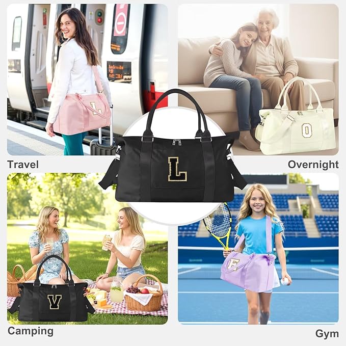 Dance Gym Duffel Bag for Teen Girls, Personalized Initial Travel Weekender Bag,Cute Overnight Carry On Duffle for Women,Sports Travel Cheer Bag,Monogram Christmas Gifts for Tween Preppy(black-L)