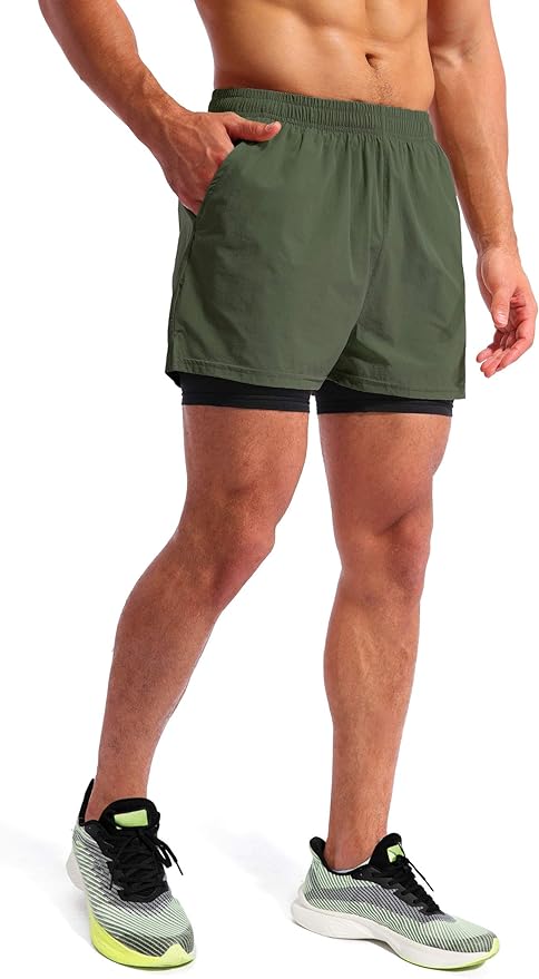 Pudolla Men’s 2 in 1 Running Shorts 5" Quick Dry Gym Athletic Workout Shorts for Men with Phone Pockets