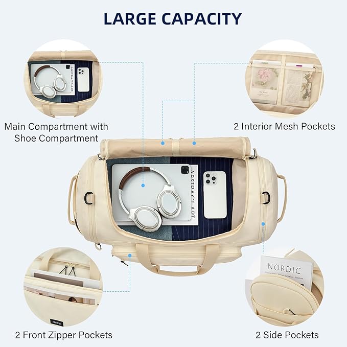 Large Travel Duffle Gym Bag with Shoe Compartment, Underseat Carry On Luggage Overnight Weekender Personal Item Workout Bags for Women Men (Offwhite)