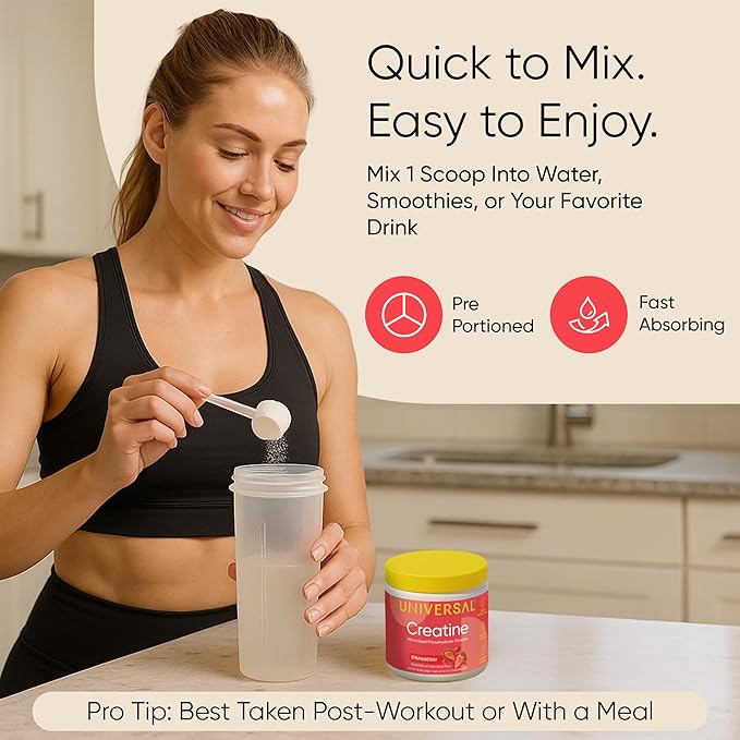 Universal U Creatine Monohydrate for Women - Flavored Creatine Powder, Female Strength, Energy, Lean Muscle Support and Recovery Supplement, No Bloat, No Bulk, 5g Per Serving, 30 Servings, Strawberry