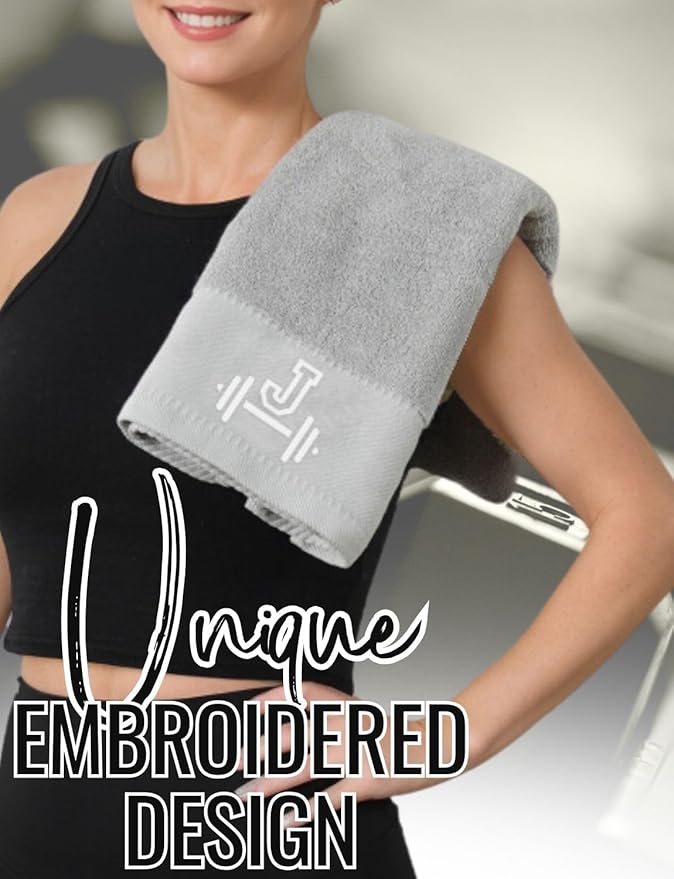Gym Towel, Personalized Workout Gifts for Men, Women, Sports Lover, Exercise Fitness Gift for Gym Enthusiast on Birthday, Christmas, Soft and Absorbent Towel, Gray, Initial M