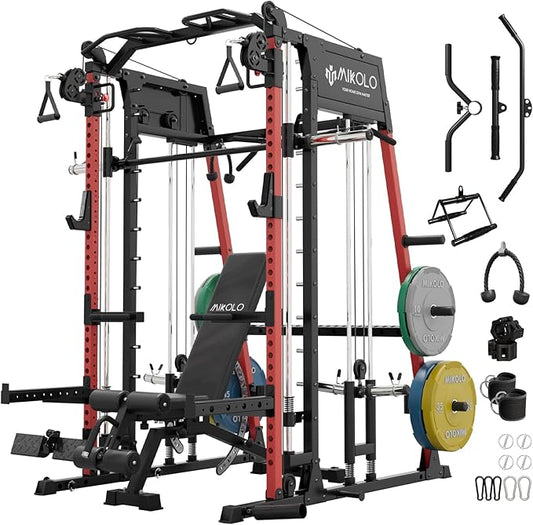 Mikolo Smith Machine, 2200lbs Squat Rack with LAT-Pull Down System & Cable Crossover Machine, Training Equipment with Leg Hold-Down Attachment