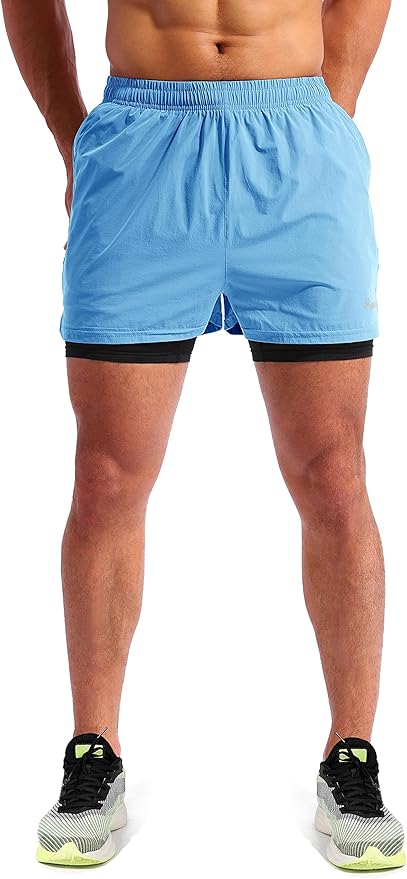Pudolla Men’s 2 in 1 Running Shorts 5" Quick Dry Gym Athletic Workout Shorts for Men with Phone Pockets