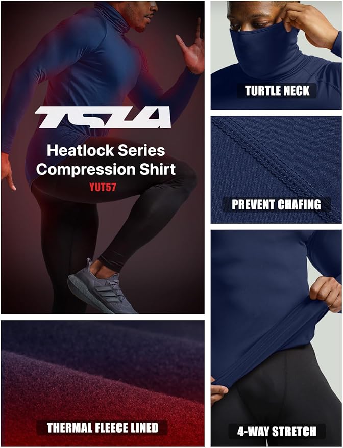 TSLA Men's Thermal Long Sleeve Compression Shirts, Mock/Turtleneck Winter Sports Running Base Layer Top