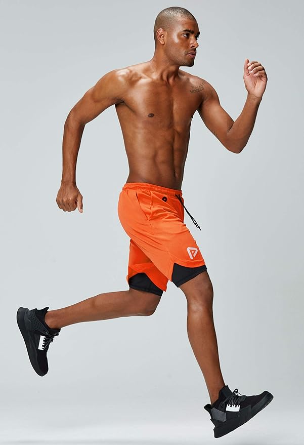 Pinkbomb Men's 2 in 1 Running Shorts Gym Workout Quick Dry Mens Shorts with Phone Pocket