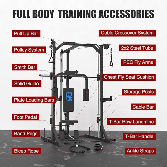 FAGUS Smith Machine Home Gym Power Cage with Pulley System, Space Saving Design Squat Rack with Full Body Strength Training Attachments, PEC Station & Fixed Cable Crossover Optional