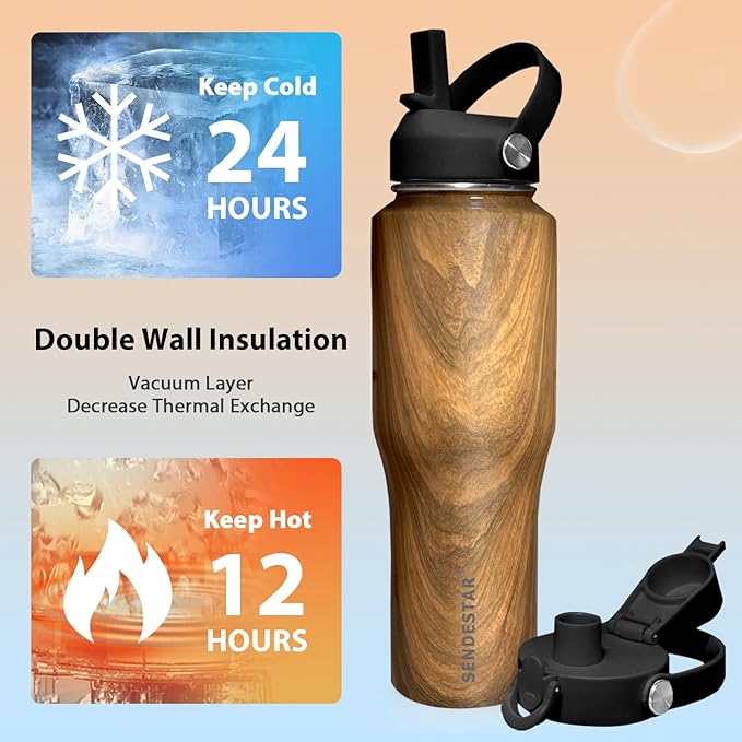 SENDESTAR 40oz Stainless Steel Water Bottle(Cold for 48 Hrs, Hot for 24 Hrs),Double Wall Vacuum Insulated Bottle with Straw Lid, Spout Lid and Flex Cap, Fit in Any Car Cup Holder