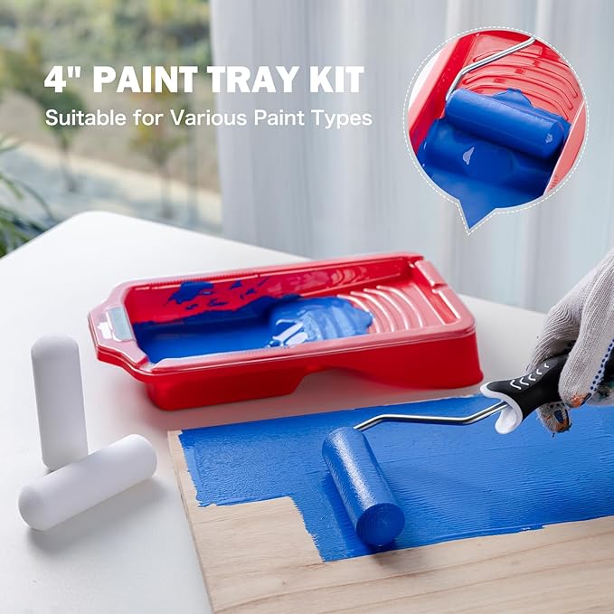 Mister Rui 11-Piece Foam Paint Roller Kit, 4-Inch Roller with Ergonomic Handle, Magnetic Paint Tray & Liners, High-Density Foam Covers with Brush, Painting Supplies for Walls, Cabinets, and Trim