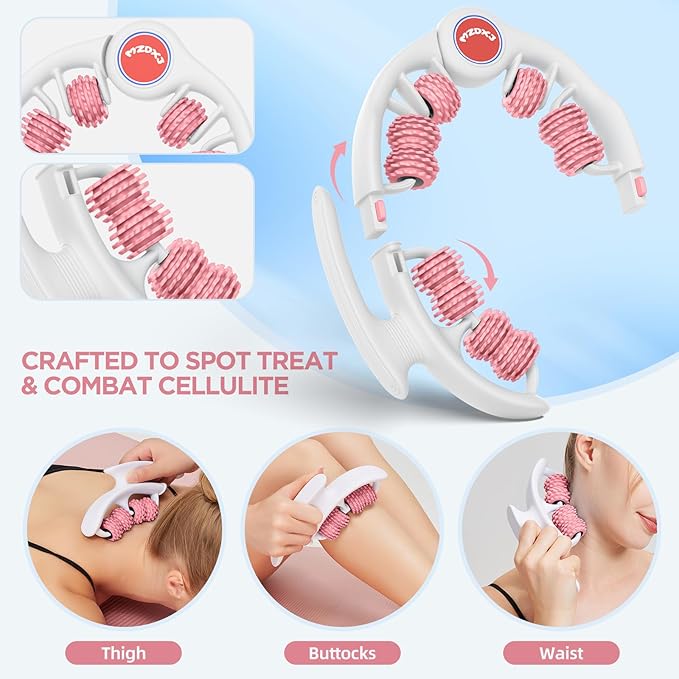 Cellulite Massage Tool Muscle Roller - Deep Fascia Massager & Dimpled Skin Remover for Legs, Thighs & Buttocks - Anti-Cellulite Roller, Smooth Skin, Pain Reliefs (Pink)