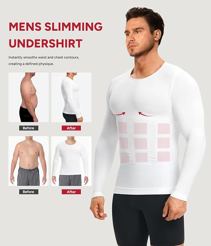 Nebility Shapewear Men Long Sleeve Compression Shirt - Slimming Body Shaper Tummy Control Workout Tank Top Undershirt