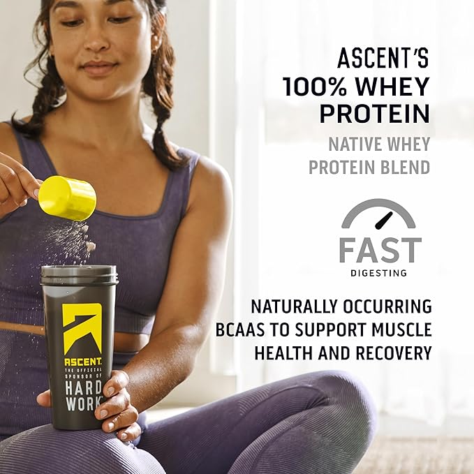 Ascent 100% Whey Protein Powder - Post Workout Whey Protein Isolate, Zero Artificial Flavors & Sweeteners, Soy & Gluten Free, 5.5g BCAA, 2.6g Leucine, Essential Amino Acids, Chocolate 4 lb