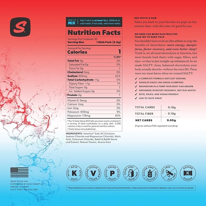 SALTT Electrolytes Powder Drink Mix - Red White and Bam- 30 Hydration Packets - Magnesium, Potassium, Sodium, Trace Minerals - Zero Sugar & Gluten Free - Travel Essentials