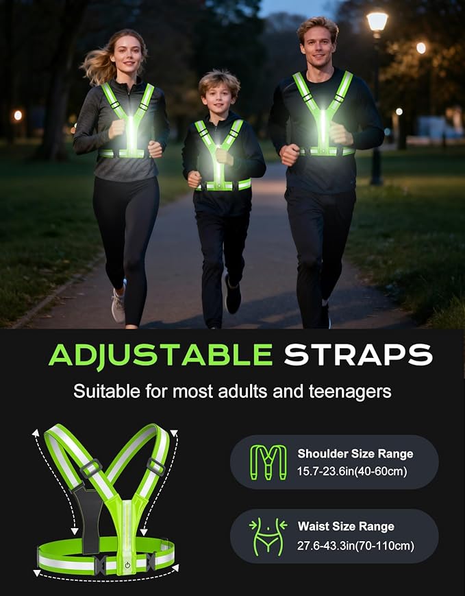 LED Reflective Vest Super Bright Lighting, 360° Visible Running Light for Runners, Waterproof Adjustable Reflective Running Vest Headlamp for Men/Women/Kids Night Walking/Running/Cycling