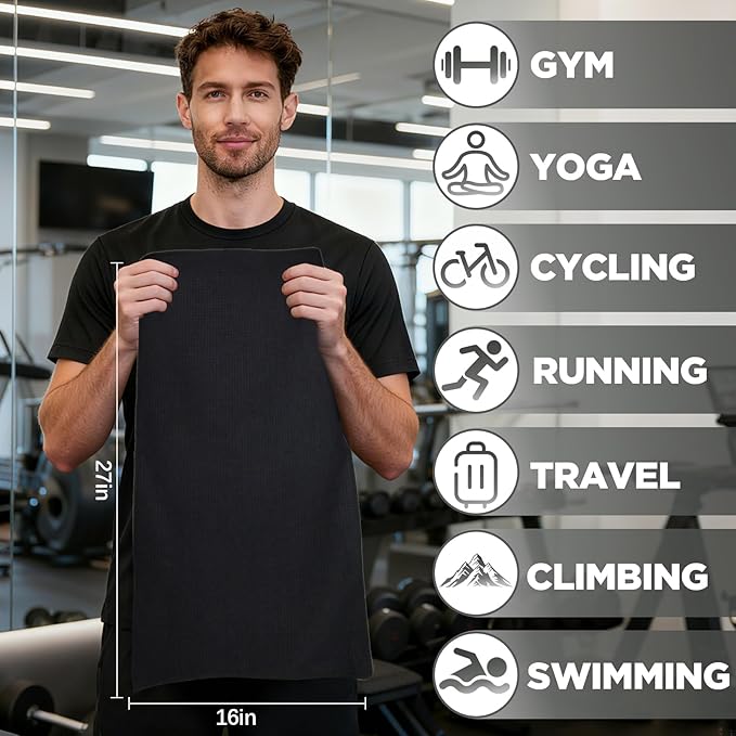 Microfiber Gym Towels for Working Out, Quickly Dry Yoga Towels for Men & Women Tennis, 16 Inch x 27 Inch, 6 Pack, Black