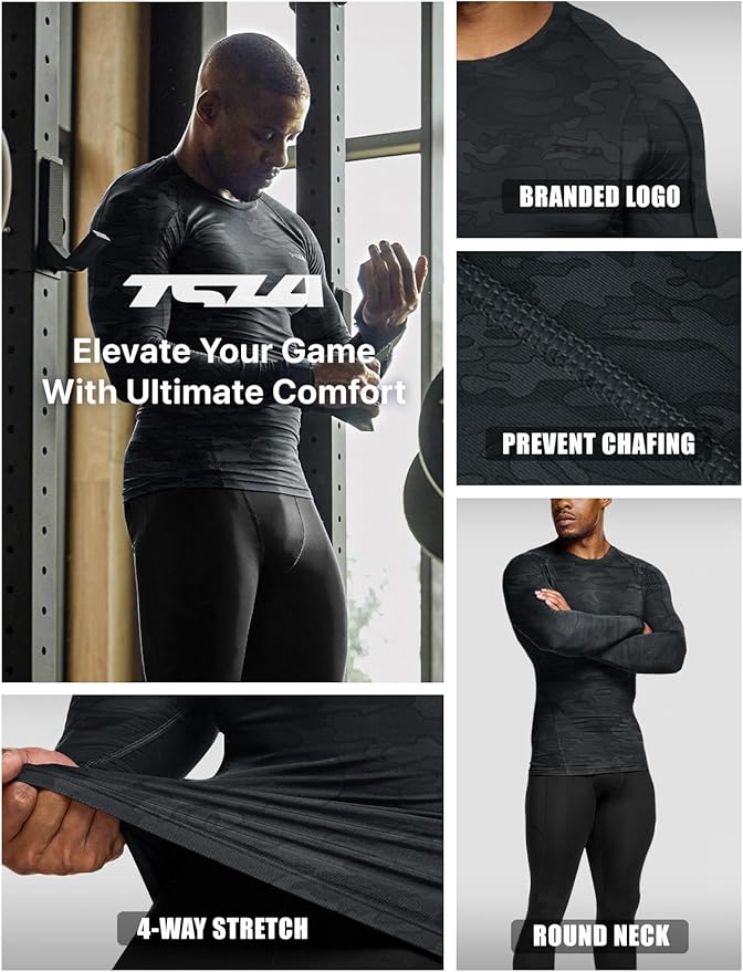 TSLA Men's UPF 50+ Compression Shirts, Cool Dry Long Sleeve Athletic Tops, Sports Baselayer Workout Shirt