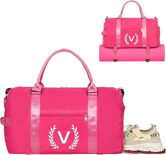 Gym Bag for Women, Personalized Duffle Bag with Shoe Compartment, Sports Bag for Yoga & Dance with Wet Pocket and Mat Strap(HotPink,V)
