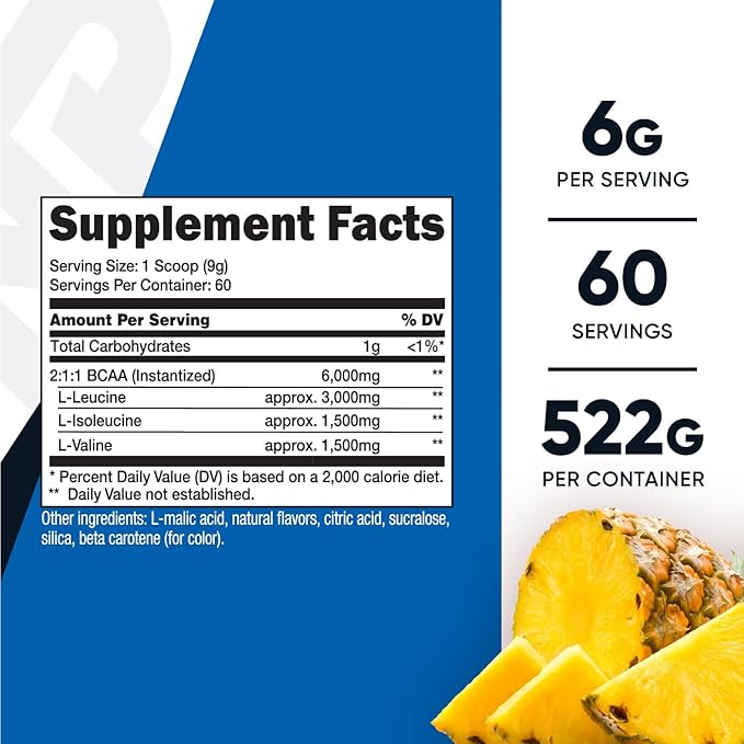 Nutricost BCAA Powder (Pineapple, 60 Servings) - Optimal 2:1:1 Ratio