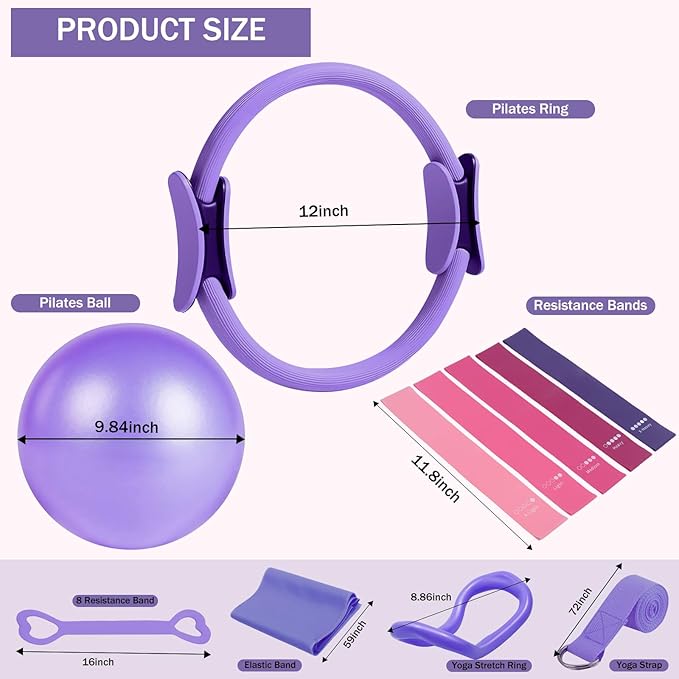 Home Pilates Essentials Kit for Women Pink Ring and Ball Pilates Set Equipment, Magic Circle with 5 Resistance Bands Premium Accessories Kits for Starter Toning Workouts at Home