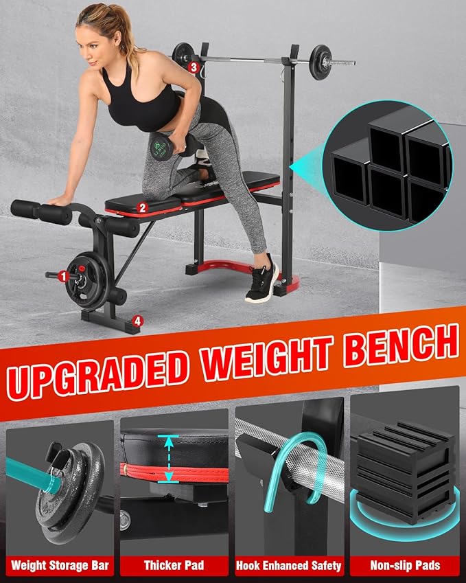 Standard Weight Bench Set with Leg Extension and Leg Curl, 660 LBS Adjustable Bench Press Set with Preacher Curl Pad, Flat Incline Workout Bench for Home Gym, Strength Training Machine for Teens