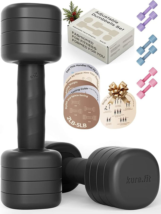 Adjustable Dumbbell Set｜2LB 3LB 4LB 5LB Light Hand Weights for Women｜One-Twist Weight Adjustment｜Non-Slip Curved Grip Handle｜Free Weights for Home Gym, Rehab, Pilates, Yoga, Strength Training