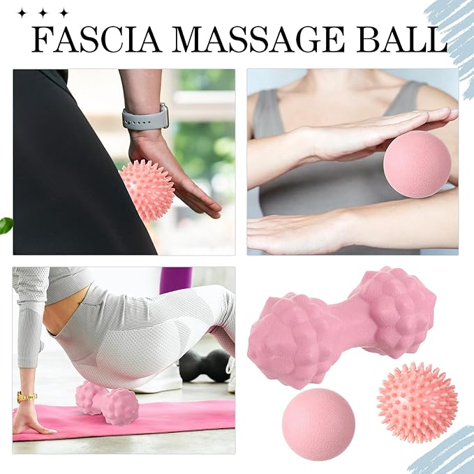 6 Pcs Pink Foam Roller Set Includes Peanut Massage Ball, Back Roller, Massage Roller Stick, 2 Foot Stretching Strap, and Fasciitis Ball for Christmas Gift Exercise Physical Body Therapy Yoga Massager
