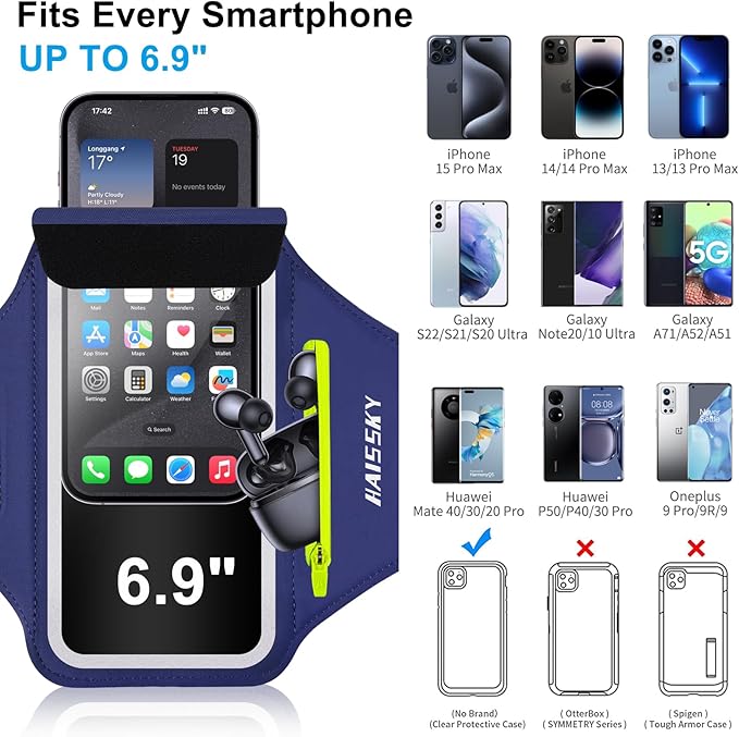 HAISSKY Cell Phone Running Armband with Earbuds Zipper Pocket Armband Case Running Holder for iPhone 15 Pro Max /14/13/ 12/11 Pro Max/XS/XR,Galaxy S20 S10,Sweatproof Arm Band with Card/Key Bag