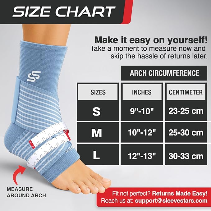 Sleeve Stars Ankle Brace for Women & Men, Ankle Wrap for Sprained Ankle, Compression Sleeve for Plantar Fasciitis Relief, Easy Customizable Support: w/Removable Strap (Single/S:9"-10"/Light Blue)