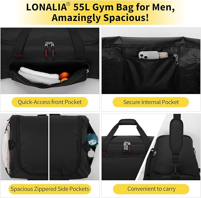 55L Sports Gym Duffle Bag for Men - 22 inch Large Duffel bag for Workout, Travel, Weekender, Fitness (Black)