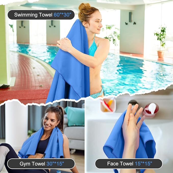 Quick Dry Travel Towel, 3 Sizes 1 Pack Camping Microfiber Towel, Lightweight Fast Drying Towels Set 60"x30", 30"x15", 15"x15" w/Bag for Gym, Beach, Hiking, Swimming, Dark Blue