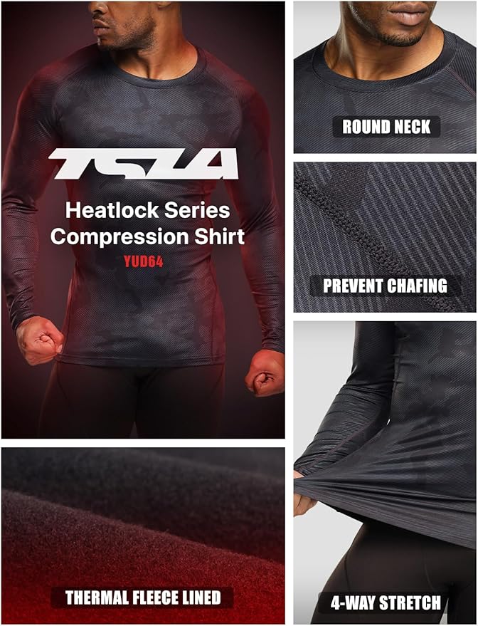 TSLA Men's Thermal Long Sleeve Compression Shirts, Athletic Base Layer Top, Winter Gear Running T-Shirt